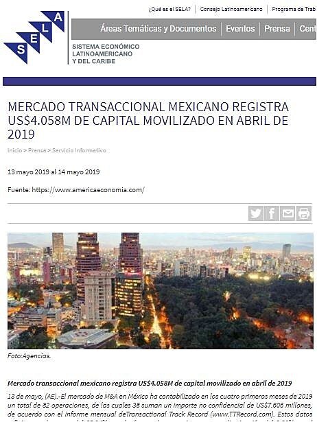 Mercado transaccional mexicano registra US$4.058M de capital movilizado en abril de 2019